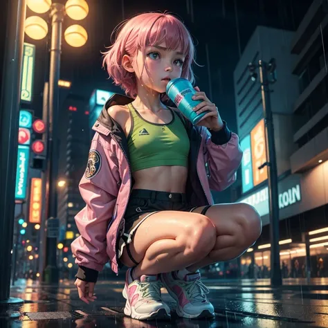 (masterpiece), (best quality), (high res) Solo, (perfect anatomy), (young girl (10 years old), fair skin, pink hair (shoulder length), green eyes, (blue high sport shoes), (jacket), (shorts), tired, (((flat chest))), in a futuristic setting with a green li...