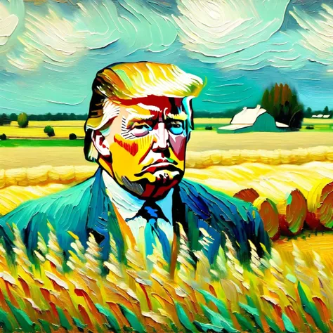 v0ng44g,  p0rtr14t,  soft, blurry oil painting portrait of a close-up photo of a (((donald trump por van gogh))),  farm field ba...