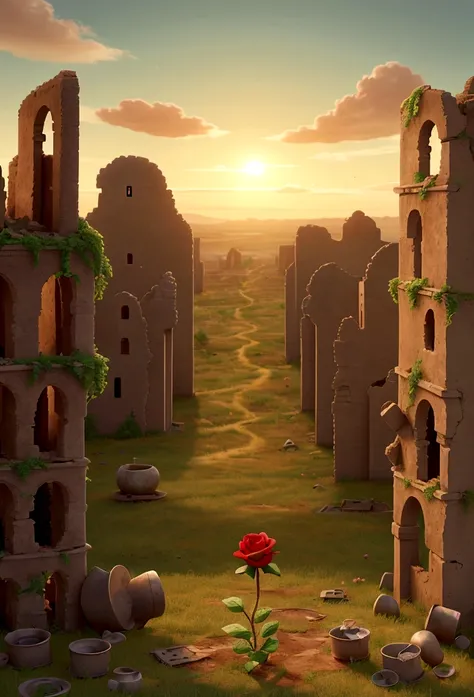 a devastated landscape, where only a rose remained alive, a small clearing stood out with its green lawn intact. ao redor, the rubble of an ancient abandoned city contrasted with the serenity and fragility of the only flower that still survived, its vibran...