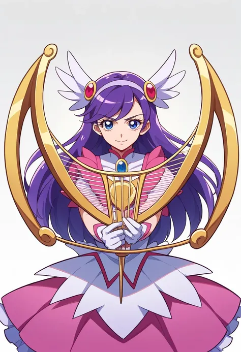 official style, cure earth, fuurin asumi, healin good precure, very aesthetic, best quality, intricate, overall detail, 1 girl, magical girl, purple hair, blue eyes, battle costume, harp, standing, light smile, simple background, facing the front, straight...