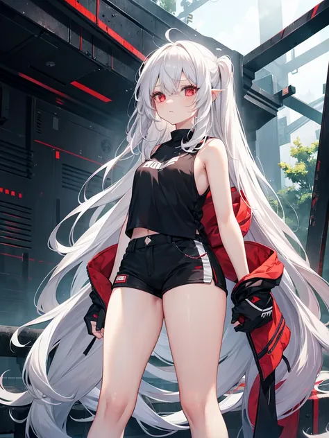 Girl , tall,long white hair , red eyes ,Big , thunder thighs, big ass, black shorts ,black tanktop , Forest backround