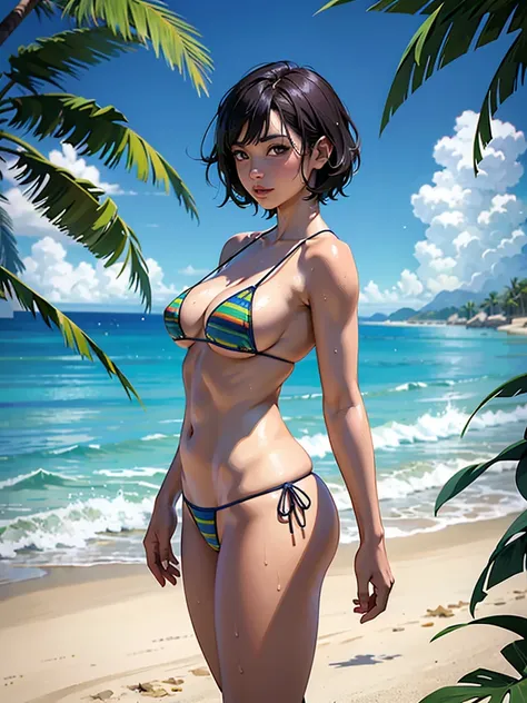 ((highest quality, masterpiece, High resolution)), ((reality)),Photos of beautiful Japanese women,((anime art))、 (((1 girl))), normal size breasts, slim body shape,  medium short hair, double eyelid, Wet see-through micro bikini,  A pareo with bold ethnic ...