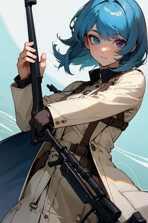 Fremy Speeddraw holding a long bolt action rifle over her shoulder, heterochromia, 1eye (blue), 2eye (red)
