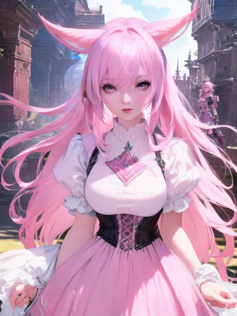 Closeup of a costumed person with pink hair, final fantasy style 14, Final Fantasy 1 4, Final Fantasy 1 4 screenshot, ffxiv cielo, Final Fantasy XIV, ffxiv, final fantasy 14 sharp, thinning pink hair, Pink hair and cyan eyes., character close up, character...