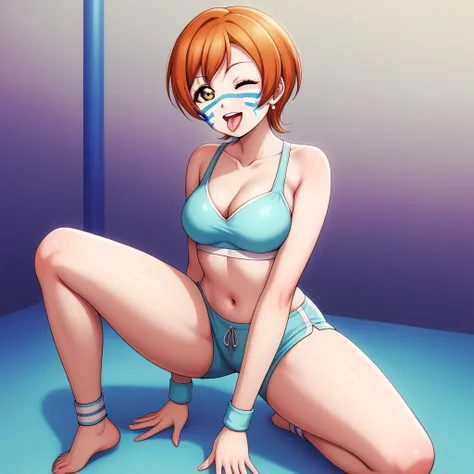 Masterpiece, sksrin, beautiful , facial details, 8k wallpaper, Rin Hoshizora Love Live, short hair, white gym bra, micro shorts , wrestling outfit,(lipstick:0.8), (face paint:1.2),Fascinated by her beauty ,wink, moist skin,thin waist ,short girl, skindenta...