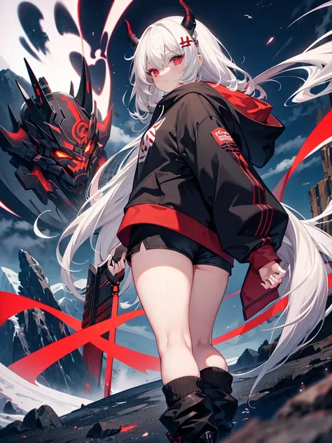 Girl , tall,long white hair , red eyes ,Big , thunder thighs, big ass, black shorts ,black demon hoodie , Oni mask  , mountain  backround , looking to viewer 