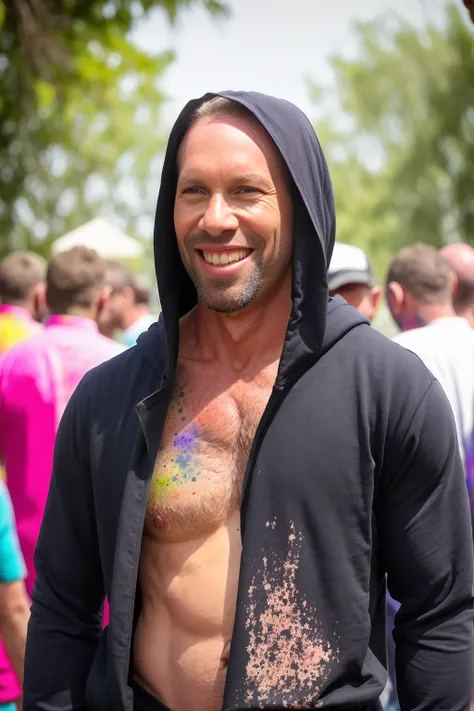 man (Todder9), wearing hoodie, looking at viewer, holi color festival, portrait, hyper detailed POV, by lee jeffries, nikon d850, film stock photograph ,4 kodak portra 400 ,camera f1.6 lens ,hyper realistic ,lifelike texture, dramatic lighting , cinestill ...