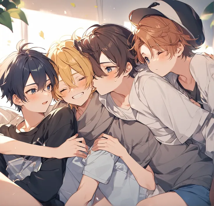 3 different cute male teenagers cuddling together