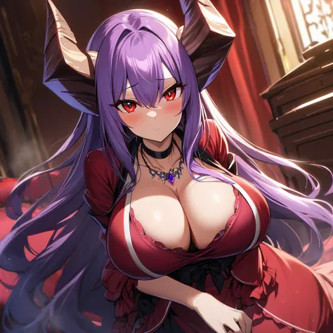 1girl,solo,Females in heat,purple hair color,long hair,dragons horn, red eyes,red Lolita dress,Gorgeous necklace,super huge breasts,slender,condescending look,looking at viewer,very near,in gorgeous room