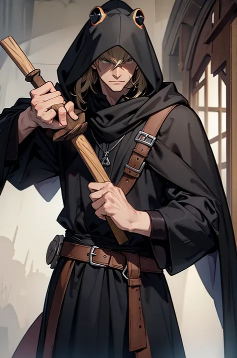 wooden frog mask, wearing a black cloak, male, holding a one-handed mace, wearing a suit under the cloak, muscular,