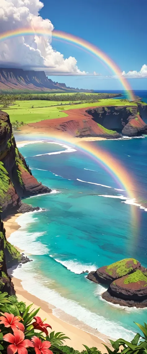 Hawaiian landscape with a rainbow