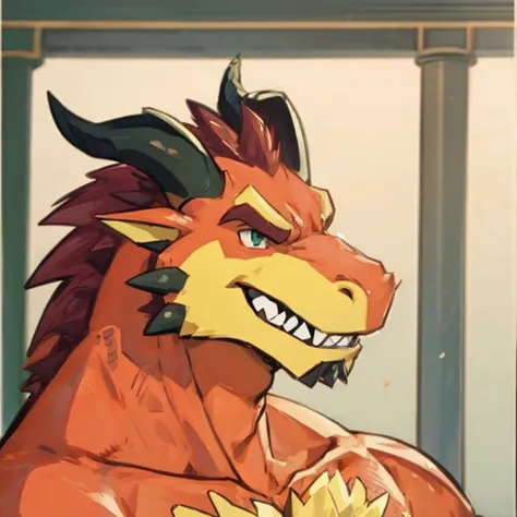 Solo, male, dragon, muscular, orange scales, spikes, bara, handsome, chest hair, mane