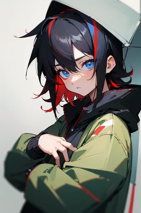 [(WHITE BACKGROUND:1.5),::5], ((((masterpiece)))), high quality, ultra very high resolution, full color, (((solo))), ((little boy)), black hair, ((red streaked hair)), blue eyes, anime, upper body, neon light, black parka, upper body,
