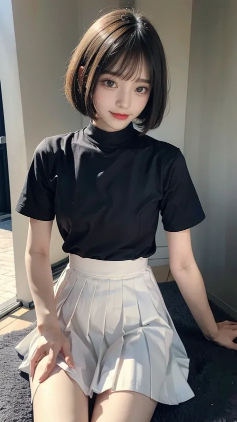 Realistic photo,Highest quality,High Quality Products,detailed,Beauty,slim,bob cut hair,Very small breasts,shirt,Pleated skirt,Looks happy