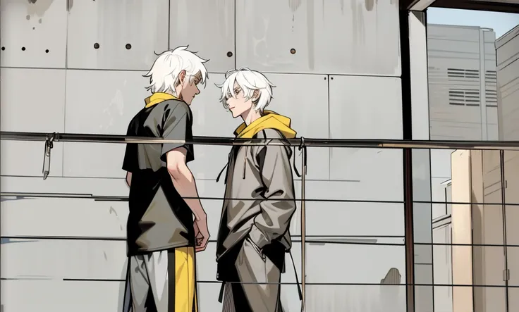 There are two 26-year-old men with white hair, black and yellow clothes, talking closely about something important, they look into each other&#39;s eyes.