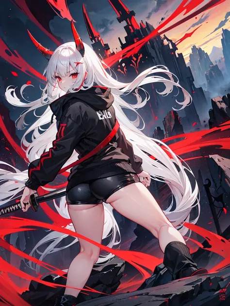 Girl , tall,long white hair , red eyes ,Big , thunder thighs, big ass, black shorts ,black demon hoodie , dark Oni face mask, swinging katana  , mountain  backround , looking to viewer 