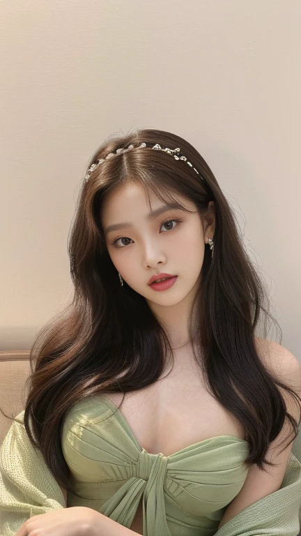 a closeup of a woman in a green dress posing for a photo light brown eyes , jennie pink black, jinyoung shin, jaeyeon nam, roseanne park by blackpink, portrait of jossi de blackpink, jossi de blackpink, korean girl, ulzzang, beautiful south korean woman, t...