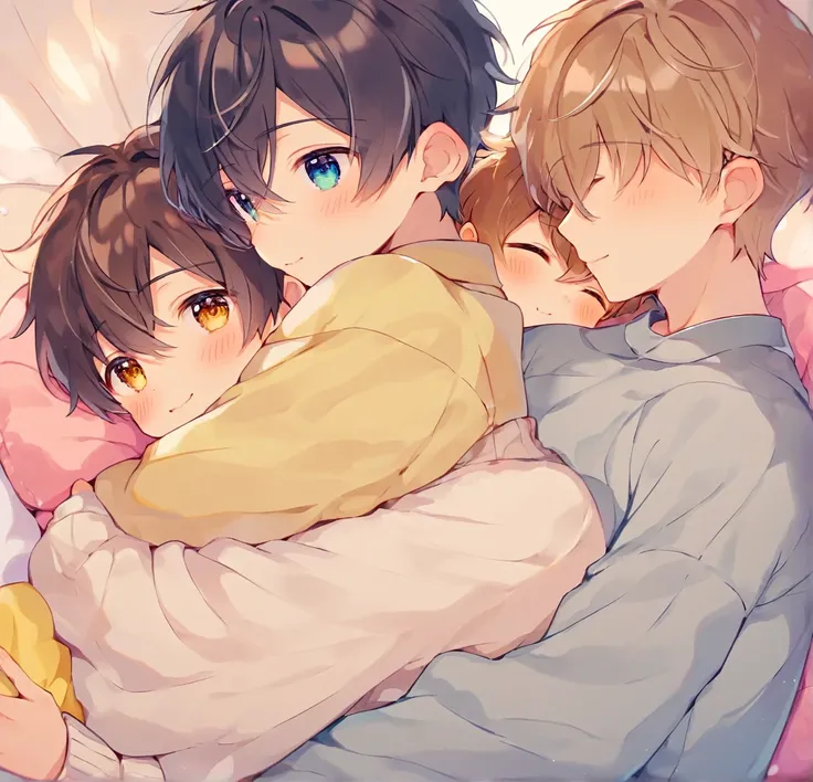 3 different cute male teenagers cuddling together