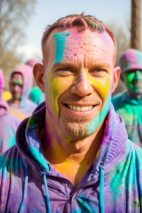 man (Todder9), wearing hoodie, looking at viewer, holi color festival, portrait, hyper detailed POV, by lee jeffries, nikon d850, film stock photograph ,4 kodak portra 400 ,camera f1.6 lens ,hyper realistic ,lifelike texture, dramatic lighting , cinestill ...