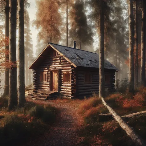 there is a cabin in the woods with a path leading to it, solitary cottage in the woods, cottage in the forest, cottage in the wo...