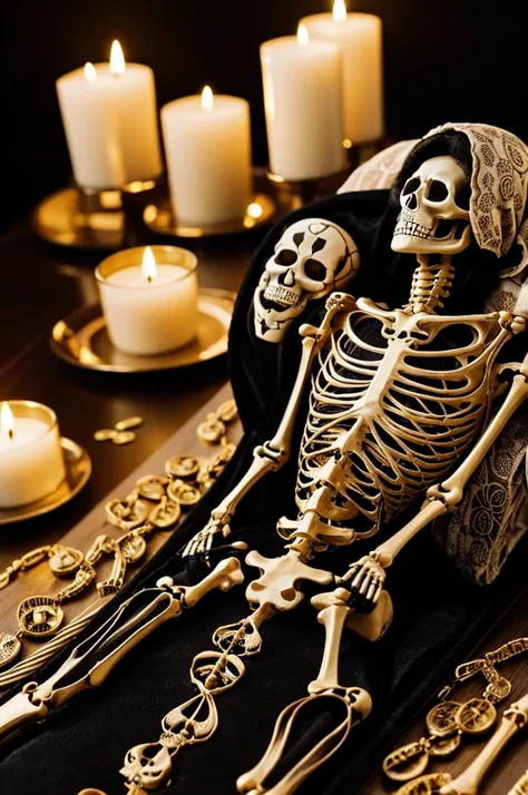 Create a multitude of skeletons covered in luxuries and money 