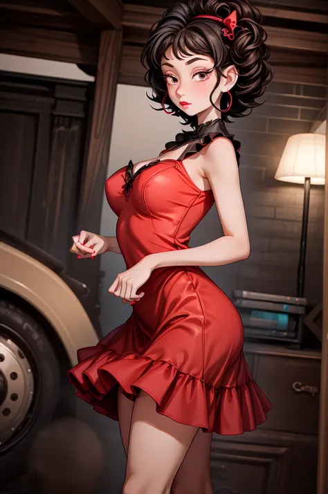 (8K HDR photorealistic pic), Betty Boop, short, althetic, curvy lady, ((tight little red dress)), dark eyebrows, black lipstick, (hoop earrings), dark eyeshadow, black lipstick, curvy, busty, (curly short black hair), shortstack, (retroussé breasts), darli...