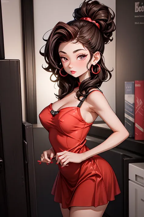 (8K HDR photorealistic pic), Betty Boop, short, althetic, curvy lady, ((tight little red dress)), dark eyebrows, black lipstick, (hoop earrings), dark eyeshadow, black lipstick, curvy, busty, (curly short black hair), shortstack, (retroussé breasts), darli...