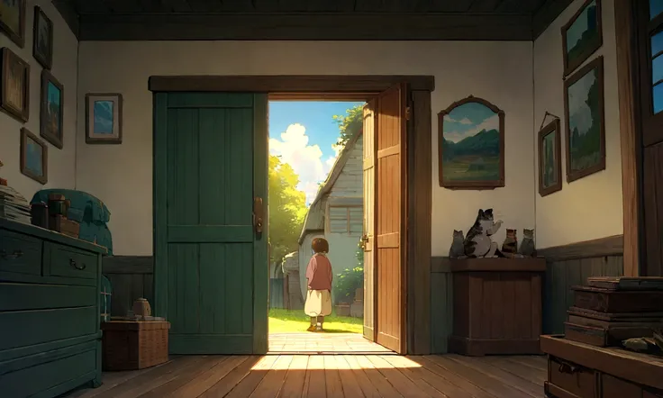 Studio Ghibli-style anime movies, Movie stills, Highest quality, masterpiece, Representative works, Official Art, Professional, Super intricate details, 8K,There is a cat、relax、Inside the room、I can see outside、Beautiful blue sky
