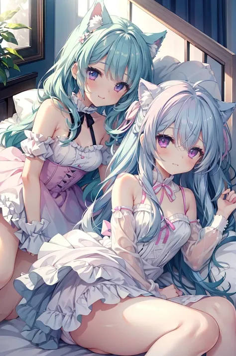 Browsing Caution,Two Girls,Lying down,((Raise both legs)),panties,Have sex,Light blue hair,Light pink hairstyles，Cat ear，Pink Eyes，light blue lolita，White socks，,Pink ribbon,Laughing with your mouth open,Best image quality,Highest quality