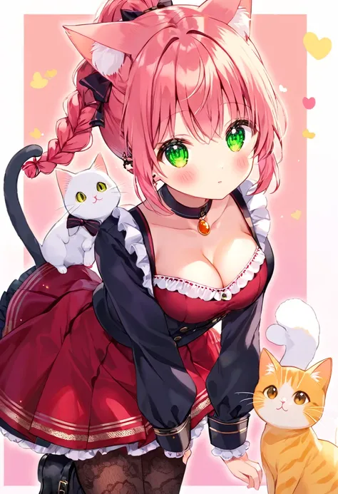 Highest quality、High resolution、Detailed Background、Beautiful face in every detail、Detailed eyes、Teenage Girl、cuteカラーの髪色、Braided Ponytail、Braided twin tails、Perfect body line、Accentuate your cleavage、cute仕草、Cat ear、Cat Eyes、cute猫の手のポーズ、kitten、Dresses and s...