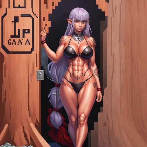 ((standing by wooden pole:1.2)) ((pixel art))((1 girl)) whole body, standing, gray skin, drow, elf, maduro, purple eyes, by white, black bikini, ABS, Large knockers, tattered rags, chain collar, stomach tattoo (red tattoo)