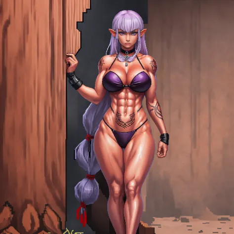 ((standing by wooden pole:1.2)) ((pixel art))((1 girl)) whole body, standing, gray skin, drow, elf, maduro, purple eyes, by white, black bikini, ABS, Large knockers, tattered rags, chain collar, stomach tattoo (red tattoo)