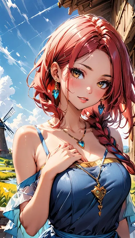 (highest quality:1.4), Very detailed, Vibrant, digital coloring, High Contrast, highest quality, Best aesthetics, (masterpiece:1.4), 1 girl, red Hair, (long single braid:1.5), BREAK (Blue Dress, off shoulder, Strapless dress:1.4), Jeweled Earrings, BREAK p...