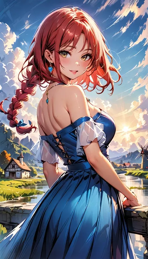 (highest quality:1.4), Very detailed, Vibrant, digital coloring, High Contrast, highest quality, Best aesthetics, (masterpiece:1.4), 1 girl, red Hair, (long single braid:1.5), BREAK (Blue Dress, off shoulder, Strapless dress:1.4), Jeweled Earrings, BREAK p...