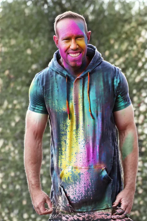 man (Todder9), wearing hoodie, looking at viewer, holi color festival, portrait, hyper detailed POV, by lee jeffries, nikon d850, film stock photograph ,4 kodak portra 400 ,camera f1.6 lens ,hyper realistic ,lifelike texture, dramatic lighting , cinestill ...