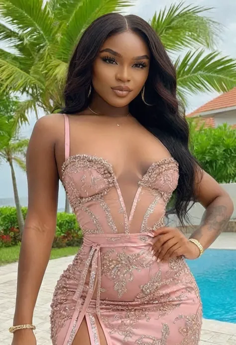 ((Best high quality:1.2)), (8k), extremely detailed, ((High detail:1.2)), (HotLexi woman), Solo, ((24 years old pretty perfect Angolan female:1.4)), (tight and short dress),