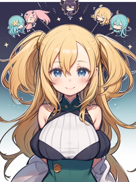 One Woman、(Chibi Character、Nendoroid、five-headed body、Front view、upright、Simple Background、Flat Color)、Blonde Hair、long hair、Hair between the eyes、Big Breasts、Huge breasts、Green clothes、Turtleneck sweater、Smiling、