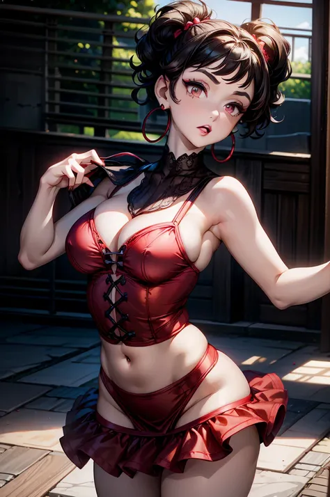 (8K HDR photorealistic pic), Betty Boop, short, althetic, curvy lady, ((tight little red dress)), dark eyebrows, black lipstick, (hoop earrings), dark eyeshadow, black lipstick, curvy, busty, (curly short black hair), shortstack, (retroussé breasts), darli...