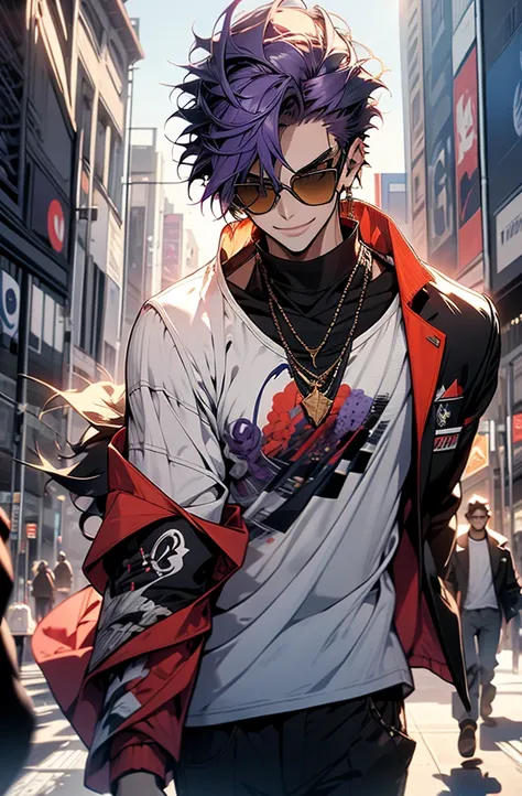 one boy, purple hair, all back, pointy sunglasses, jacket, blue t-shirt underneath, smile,