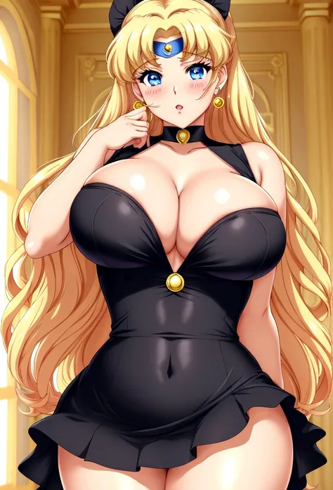 Serena Tsukino Sailor Moon, big breasts, giant tits, milf, with a black dress with rhinestones and glitters sexy close to the body, sexy, blushing, seductive look, in a Greco-Roman palace, long hair blonde, dorada venture, of collections, big bright blue e...