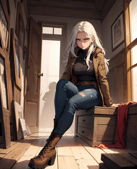 (suspense scene ((CONCEPT ART)), extremely detailed with a girl wearing jeans with brown coat and boots), (better lighting, better shadow, an extremely delicate and scary), (digital illustration), ((4k painting)), [(dynamic angle,((1girl)),white hair, (bea...