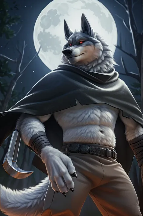 death (puss in boots), male, muscular, wolf, canid, fluffy, standing, night, forest, claws, paws, low angle view, long hair, black sclera, red eyes, tail, front view, action pose, (black poncho:1.2), clothed, bottomwear, pants, belt, white body, black fur,...