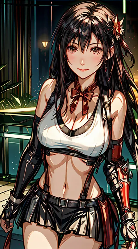 (8ｋ、highest quality、MASTERPIECE:1.2)、(photorealistic:1.3)、Super Detailed、girl 1 person、mature、solo、(Tifa Lockheart)、(big chest)、(((huge lift clothes to show bra)))、(((black bra)))、(beautiful eyes)、(smiling:1.2)、(Closed)、erotic pose、dance、neons、street scene...