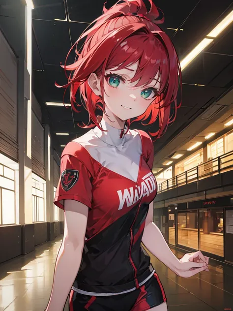 Red hair, green eyes, short ponytail, excited, excited smile, sporty, spiky hair, ultra-detailed, absurdres, unreal engine, masterpiece, best quality, beautiful eyes, volumetric lighting, silky_hair), best quality, ultra-detailed, solo, looking at viewer, ...