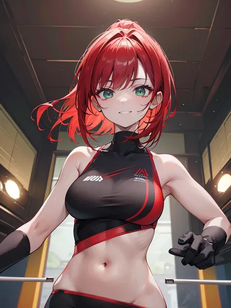 Red hair, green eyes, short ponytail, excited, excited smile, sporty, spiky hair, ultra-detailed, absurdres, unreal engine, masterpiece, best quality, beautiful eyes, volumetric lighting, silky_hair), best quality, ultra-detailed, solo, looking at viewer, ...