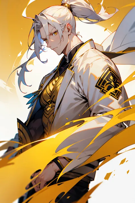 1male , Pale Blonde White Hair , Ponytail , White Yukata with golden Accents , Combat Clothing , Golden Eyes , Serious Expression , Perfect Generation  , Adult Male , Muscular , Temple Background