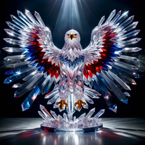 crystal eagle, spread handles, American flag background, rays of god from above, full body shot shot, cristalz 