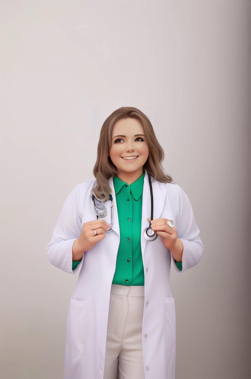 A wise woman standing in front, white background, she is a nurse and is smiling and wears a stethoscope on her shoulders