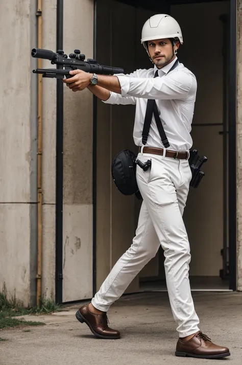 A person with a helmet ,White shirt, brown pants and black and white shoes,holding a gun in hands 