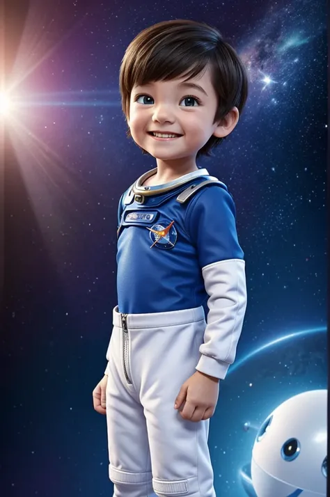 a happy cute kid standing short hair, wearing a space costume, , White background, barnet, tom, Pixar-style, ....3d, Cartoon s, face detailed, asymmetrical 16k